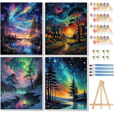 Imagem de Kit de pintura Aurora Starry Sky por números para adultos com moldura, vista noturna, pintura por número, com cavalete de madeira, kits de pintura para adultos DIY por números para decoração de parede