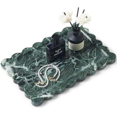 Imagem de Bandeja de mármore verde recortado natural real para banheiro, penteadeira, cozinha e mesa, bandeja decorativa de pedra para joias, cosméticos, velas, loção, perfume e decoração de casa – Tamanho