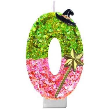 Imagem de Vela com número de aniversário com tema malvado – Vela de glitter rosa e verde com suporte para bolo | Decoração de festa mágica para meninas, adolescentes, fãs de teatro, amantes da Broadway