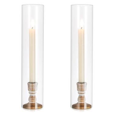 Imagem de Inweder Castiçais de madeira rústica: 2 peças de castiçais de madeira para velas cônicas, com tampa de vidro para decoração de casa de evento de casamento