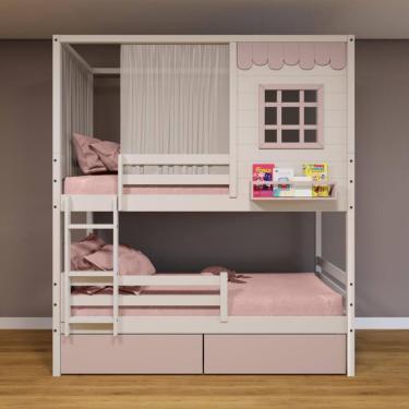 Imagem de Beliche Casinha Reta 02 Gavetas Rosa Grade Removível e Cortina Madeira Maciça Branco/ Rosa Housin