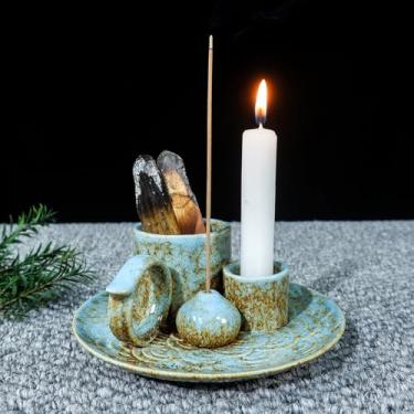 Imagem de MOUGIGI Suporte para queimador de cerâmica Palo Santo 5 em 1 azul - Suporte de vela pequeno e tigela para queimar borrões, serve em varetas/cones de incenso, sálvia. Altar zen para sala de meditação