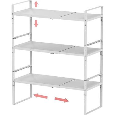 Imagem de Organizador de temperos expansível empilhável em prateleira de armário organização de armário de cozinha rack empilhável de especiarias cozinha despensa bancada armazenamento grande/branco 3 pacotes