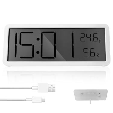Imagem de Relógio de parede digital, visor de temperatura, recarregável ou alimentado por bateria, fácil de usar, relógio de mesa para sala de estar, escritório, quarto (branco)