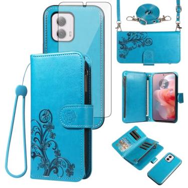 Imagem de Asuwish Capa de celular para Motorola Moto G Power 5G 2024 com zíper carteira magnética destacável com protetor de tela de vidro temperado, alça transversal, suporte de cartão de flores G5 mulheres