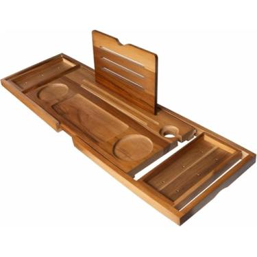 Imagem de Bandeja de banheira de bambu de luxo, bandeja de banheira expansível de madeira de 109 cm, mesa de banho ajustável com almofadas antiderrapantes, presentes novos para casa de aniversário, inauguração