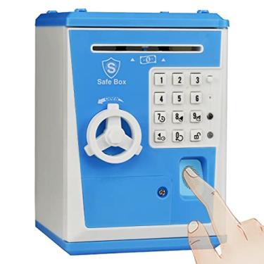 Imagem de Cofre de cofrinho para dinheiro, dinheiro, cofre para crianças, cofre com impressão digital, senha, brinquedo eletrônico, caixa eletrônico para adultos, crianças, ótimo presente (azul)