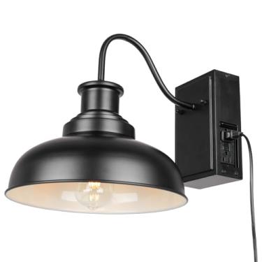 Imagem de Diyel Luz de celeiro pescoço de ganso ao ar livre com tomada GFCI, arandela de parede externa de fazenda, luminária de parede vintage lanterna de parede preta industrial com embutido para varanda