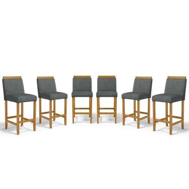 Imagem de Kit Com 6 Banquetas Eloá Madeira Maciça Assento Estofado Para Bancada Linho Chumbo 406