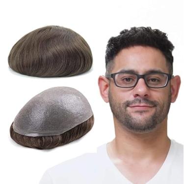 Imagem de Lordhair Toupee para homens com 100% cabelo humano europeu 20,3 x 25,4 cm peruca para homens 0,03 mm sistema de cabelo ultra fino todo em V peruca masculina com laço em V (latido médio marrom 4 com