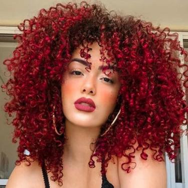 Imagem de Xinran Peruca Omber Red Kinky Curly Afro com Franja, Perucas Afro Vermelhas e Pretas Afro Anos 70 para Mulheres, Perucas Afro Sintéticas Completas Macias e Fofas como uma Bomba, Cabelo Curto