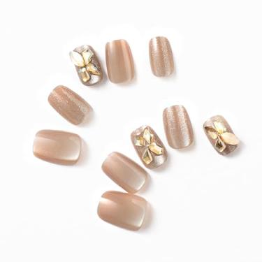 Imagem de ClawArts Unhas de gel quadrado médio – design olho de gato, bege, brilhante com glitter e borboleta de cristal – sem necessidade de cola – 24 peças, 12 tamanhos – Duração de 2 semanas – Perfeito para