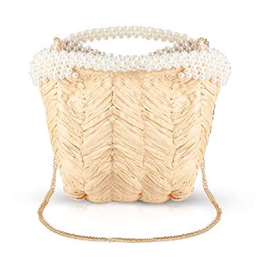 Imagem de QTKJ Bolsa tiracolo feminina moderna de palha de verão, bolsa de ombro de praia tecida à mão com pérolas brancas, alça de ombro de corrente de metal (bege)