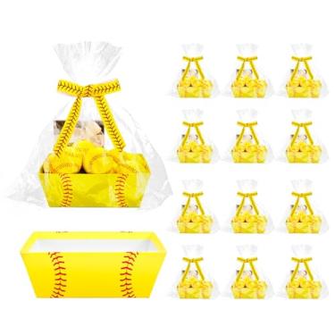 Imagem de Whaline Pacote com 12 cestas de softball, kit de cesta de softball, amarelo e vermelho, vazio para encher com sacos plásticos transparentes e fita para lembrancinhas de festa de aniversário