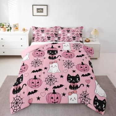 Imagem de jejeloiu Conjunto de edredom casal com desenho animado de fantasma, para crianças, meninos, meninas, gato preto, edredom com abóboras, decoração de quarto, microfibra, 3 peças com 2 fronhas