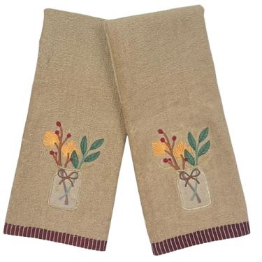 Imagem de Serafina Home Toalhas de mão para banheiro de outono – Conjunto de 2 buquê de folhagem de outono bordado bege 100% algodão em design de pote – 63,5 x 40,6 cm toalhas decorativas de banho e cozinha