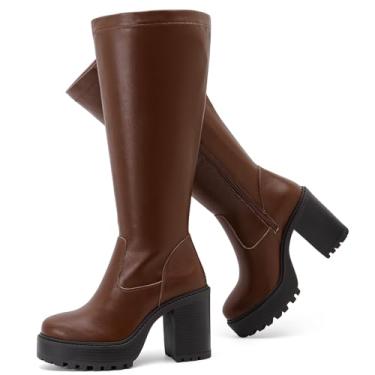 Imagem de Ruiee Botas femininas extra largas na altura do joelho, plataforma larga e larga salto grosso, botas Gogo com bico arredondado, salto bloco, bota alta para mulheres., Marrom PU 369, 7.5 X-Wide