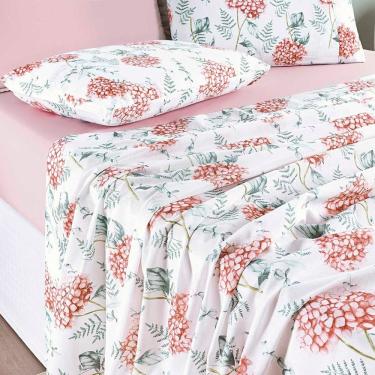 Imagem de Jogo Cama Lençol Maris Casal Padrão Percalle 200 Fios Estampado 4 Peças Hortênsia Salmão