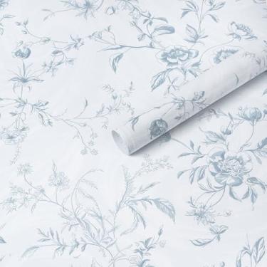 Imagem de Ismoon Papel de parede azul descasque e cole floral vintage em papel de parede francês texturizado papel de contato para armário papel de parede autoadesivo removível decoração de prateleira de rolo