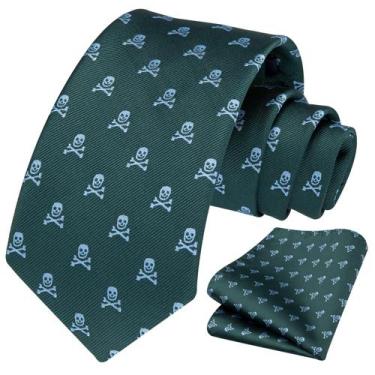 Imagem de Gravata e bolso quadrada HISDERN Green Halloween Skull masculina