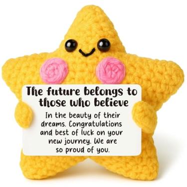 Imagem de Presente de formatura de estrela de crochê, nova jornada e lembrança de boa sorte, presente de parabéns para estudantes, decoração de mesa motivacional para novo emprego, orgulho de você, filho, filha