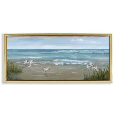 Imagem de Stupell Industries Arte de parede em tela flutuante com moldura dourada Sandpiper View on Beach, design de Nan, 35,5 x 78,5 cm