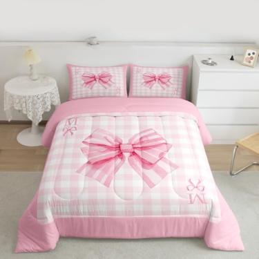 Imagem de Feelyou Lindo conjunto de edredom com nó de laço de coquete, tamanho casal, letra M, presente para mulheres, adolescentes, edredom rosa, estilo preppy, decoração de quarto, letra M, 3 peças com 2