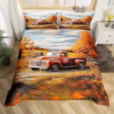 Imagem de Erosebridal Capa de edredom de fazenda, tamanho Queen, celeiro antigo, para crianças, adultos, camionete antiga, camionete, outono, vermelho, flores brancas, retrô, árvore, roupa de cama