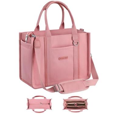Imagem de BESBESME Bolsa feminina de lona com zíper e compartimentos – Bolsa tiracolo tiracolo com vários bolsos para laptop, rosa, Medium, Organizador embutido