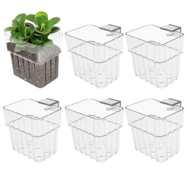 Imagem de Pacote com 6 suportes de plantas de aquário de acrílico transparente com ganchos, vaso de plantas aquáticas suspensas com orifício, acessórios de aquário para aquário de peixes para plantas
