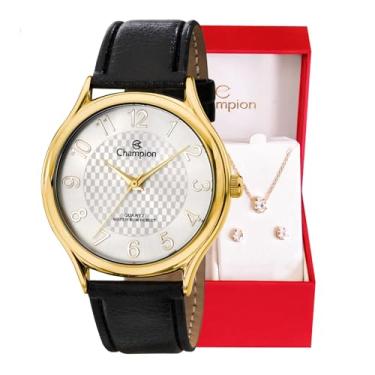 Imagem de Relógio Champion Feminino Analógico Dourado Couro + Colar e Brincos CH22706W