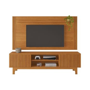 Imagem de Painel com Rack Conjunto Trunfo Ripado Portas de Correr Pés MDF Usinados JCM