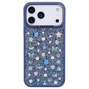 Imagem de DMaos Capa para iPhone 17 para mulheres, capa de diamante brilhante brilhante com pérolas de cristal, super fofa para iPhone17 6,3 polegadas - azul