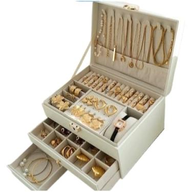 Imagem de Porta Joias Feminino Modelo - Caixa Organizadora Em Couro Com 2 Camadas E DivisóRias Para AnéIs, Colares E AcessóRios - Design Elegante(BRANCO/3077)