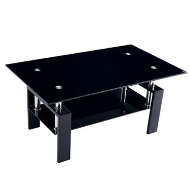 Imagem de Mesa de centro de vidro temperado de 2 camadas, simples, moderna, pequena, apartamento, sala de estar, mini mesa de centro retangular, de aço inoxidável, mesas de canto (cor: preto)