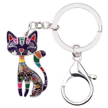 Imagem de BONSNY Corrente de liga esmaltada, porta-chaves de gato para mulheres, bolsa de mão, berloques, chaveiros, presentes, Roxa, Charm size approximately 1.73"tall & 1.10" width