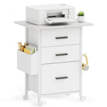 Imagem de Armário de arquivo de 3 gavetas com mesa estendida de 61 cm, armário de arquivo móvel, suporte para impressora, suporte para impressora com bolsa lateral, gaveta de tecido, tamanho A4, escritório