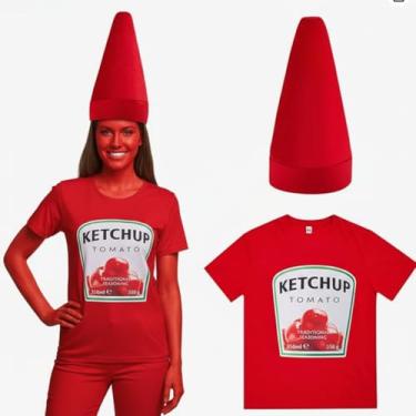 Imagem de Toulite Halloween Yellow Mustard Red Ketchup Costume Matching Group T-shirt and Hat Halloween Couple Costume(X-Large,Ketchup,1 Set)