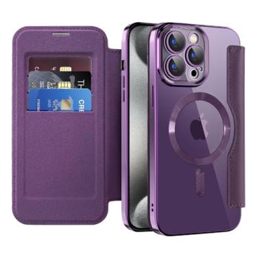 Imagem de COTDINFOR Capa magnética para iPhone 15 Pro Max com suporte para cartão [bloqueio RFID] [compatível com MagSafe] Capa de proteção de couro transparente que não amarela, para iPhone 15 Pro Max, roxo JD