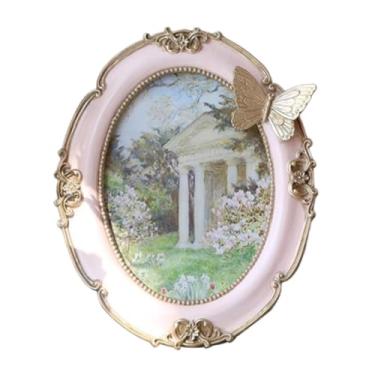 Imagem de IEUDNS Moldura oval vintage para fotos, para pendurar na parede ou para mesa, porta-cartões para casa de fazenda, Rosa