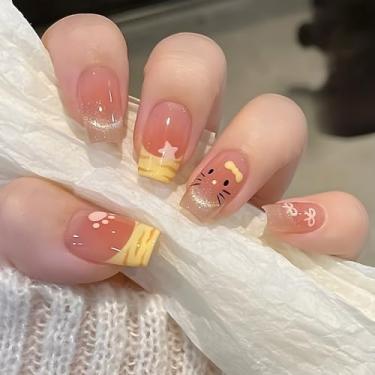 Imagem de Kit de unhas de pressão quadrado médio bonito francês cola falsa conjunto de unhas com design de estrela de laço simples cobertura completa bastão falso artificial em unha de acrílico para mulheres 24