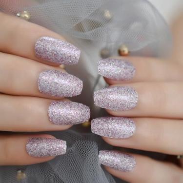 Imagem de Pregos postiços médios de caixão rosa roxo unhas postiças brilhante capa completa kit de unhas postiças para mulheres - 24 peças/conjunto