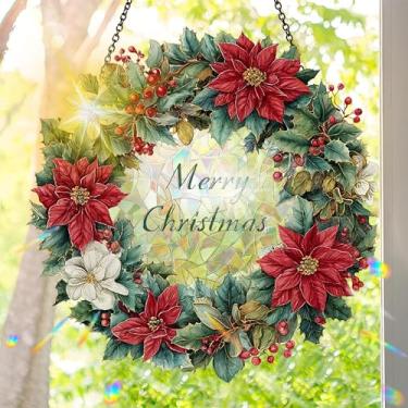 Imagem de Acrílico colorido Suncatcher, decoração de Natal com vitral impresso, decoração de arte de parede Rainbow Maker, enfeites de Natal para janelas internas e externas com corrente 19,8 x 19,8 cm B237