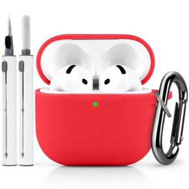 Imagem de Capa com kit para AirPods 4, capa protetora de silicone macio com chaveiro, vermelha