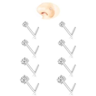 Imagem de GingYing 8 peças de pinos de nariz em forma de L 18G para mulheres e homens, hipoalergênico, aço cirúrgico 316L com tamanhos de diamante CZ 1,5 mm, 2 mm, 2,5 mm, 3 mm, para piercing de nariz, joias e