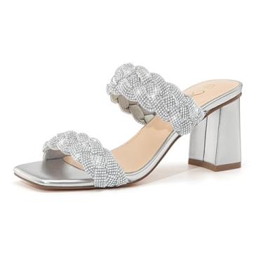 Imagem de Athlefit Sandália feminina de salto trançado de verão, bico aberto, salto grosso, Prata, 40