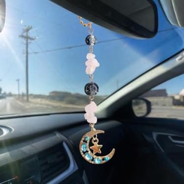 Imagem de Pingente de carro de sol e lua pendurado, decoração automotiva boho - decoração de espelho retrovisor com pedras de cristais de cura feitos à mão, lindo ornamento interior acessórios de carro
