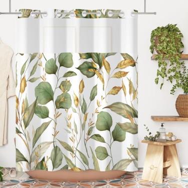Imagem de Yanutan Cortina de chuveiro sem gancho, cortina de chuveiro de camada única com folhas verdes douradas, sem gancho, cortina de banho de tecido vegetal verde com malha transparente, 180 x 188 cm