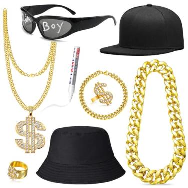 Imagem de GIFIKOI Acessórios masculinos anos 80 anos 90 conjunto de fantasia de rapper hip hop, corrente de ouro falsa, sinal de dinheiro, colar hip hop, chapéu de rapper, boné, bijuteria preta