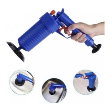Imagem de Desentupidor Manual de Alta Pressão para Privada Vaso Pia Ralo e Cano Pistola Bomba de Ar Reutilizável com 4 Bicos Adaptadores Rápido Potente e Econômico Azul